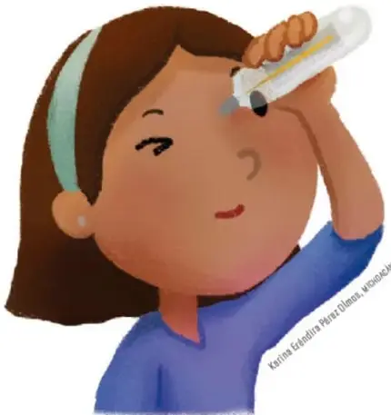 Niña sosteniendo un termómetro y mirándolo.