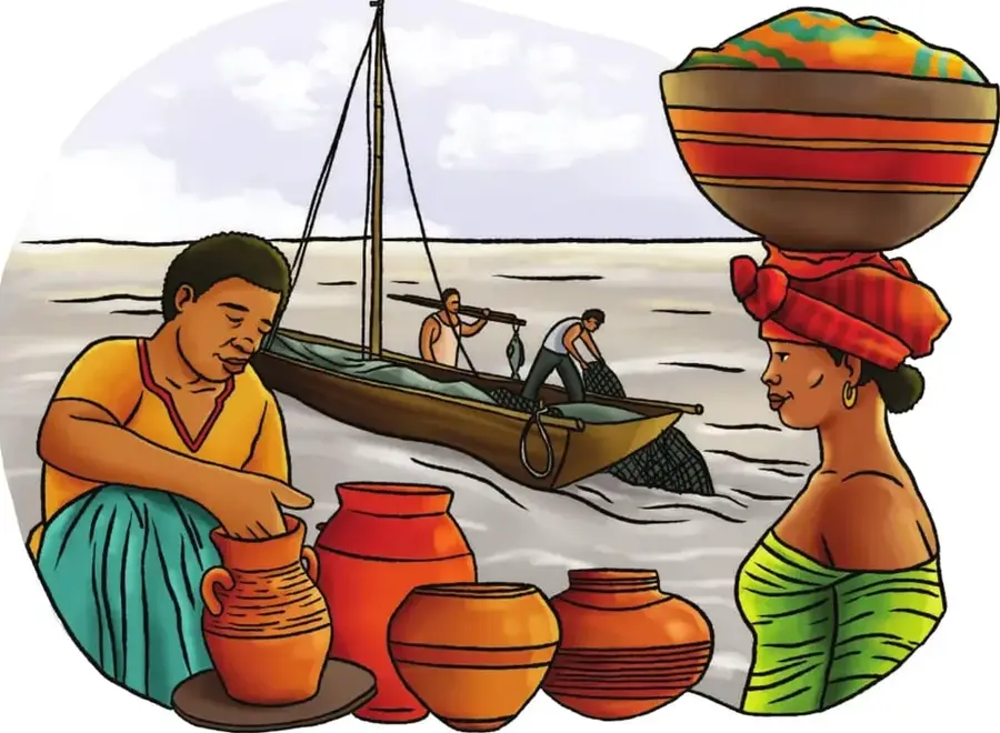 Ilustración de comunidad afroecuatoriana en la costa: hombres en una canoa, una mujer con un canasto de frutas tropicales en la cabeza, palmeras de coco y otra mujer trabajando con utensilios.