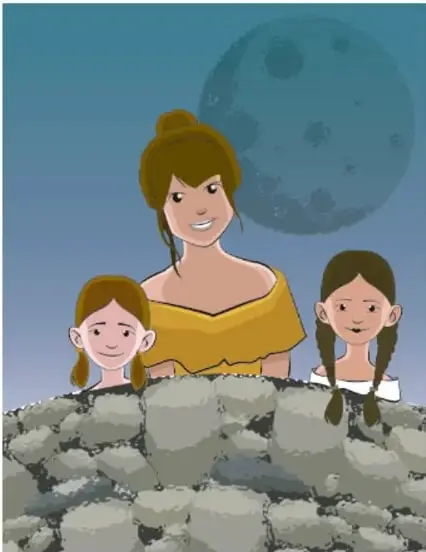 Ilustración de Jorge Eduardo Houssong Lavalle: una madre con dos niñas de noche frente a un puente de piedra, con la luna visible detrás.