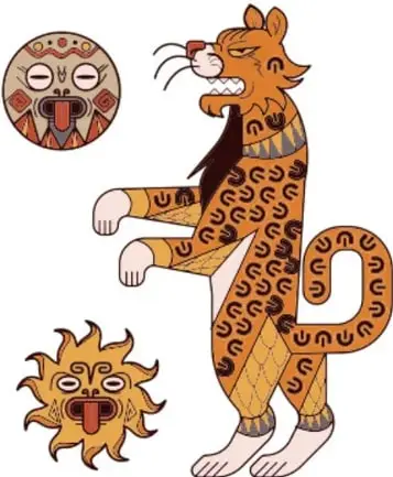 Ilustración de un jaguar o felino antropomorfo de estilo prehispánico junto a dos discos: uno con máscara y otro con diseño solar, en tonos naranjas y ocres.