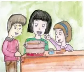 Ilustración de tres niños preparando un pastel en un mesón; representan la distribución de roles dentro del grupo.