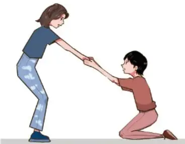 Ilustración de dos niñas: una de pie ayuda a levantarse a otra que está arrodillada, tomándole las manos. Crédito: Melissa Arenas Montealegre, Ciudad de México.