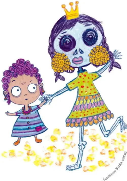 Una calavera esqueleto vestida de reina, con corona dorada y vestido amarillo festoneado, baila de la mano con Alejandra sobre pétalos de cempasúchil.