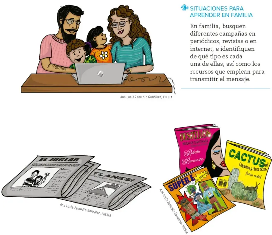 Familia (papá, mamá y dos niños) mirando una computadora portátil; pie de ilustradora Ana Lucía Zamudio González, Puebla.