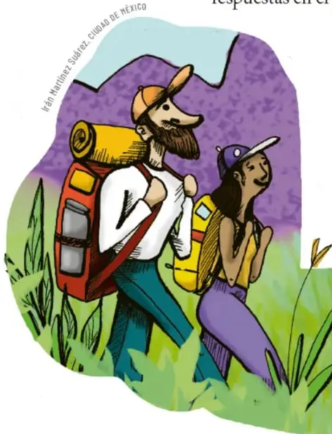 Ilustración de dos excursionistas, un hombre con mochila y una mujer con gorra, caminando entre montañas y vegetación. Texto curvo: 'Iván Martínez Sánchez, Ciudad de México'.