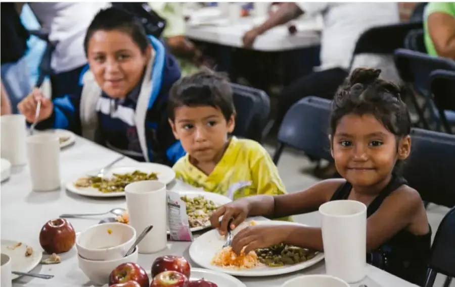 Fotografía de niñas y niños comiendo en una mesa escolar, con platos de comida, vasos y manzanas, que ilustra la satisfacción de necesidades físicas y el derecho a la alimentación.