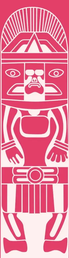 Ilustración gráfica en dos tintas (rosa magenta y rosa pálido) de una figura frontal estilo escultura mesoamericana, con tocado arqueado radiado, ojos, nariguera, brazos flexionados y faldellín rayado, sobre fondo magenta.