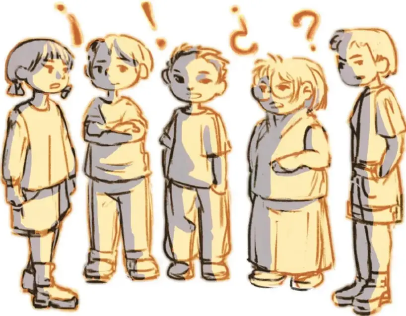 Ilustración de cinco niños y niñas de pie, pensativos, con signos de interrogación y exclamación sobre sus cabezas, reflexionando sobre la historieta.