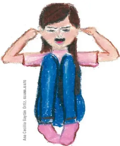 Ilustración de una niña sentada con las manos en los oídos, expresión de molestia o tristeza, relacionada con el acoso escolar.