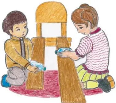 Ilustración de dos niños arrodillados construyendo una rampa de madera entre dos objetos. Crédito: Gabriel Ramón García, Veracruz.