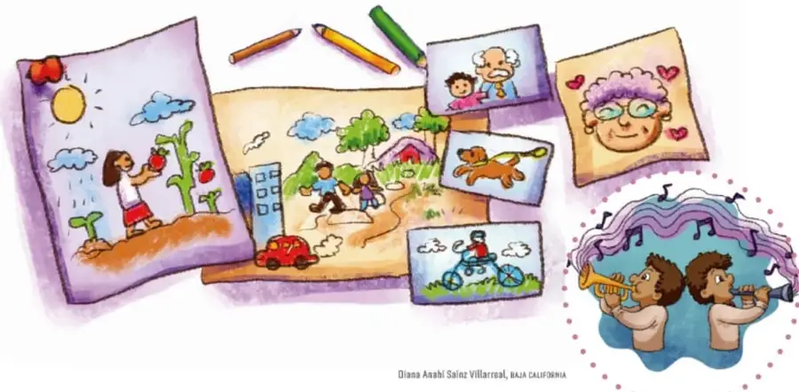 Ilustración de dibujos y fotografías de la comunidad: una niña regando una planta, un abuelo con su nieto, una señora con lentes, un perro, un niño en bicicleta y dos músicos tocando trompeta.