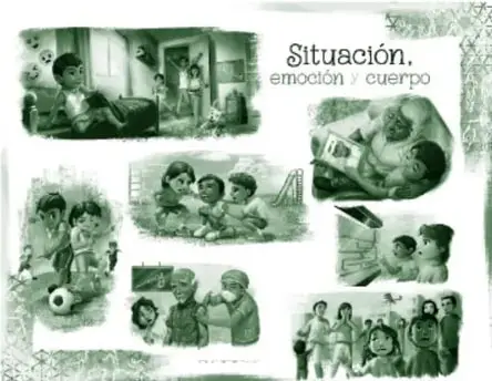 Miniatura de la portada del recurso 'Situación, emoción y cuerpo': mosaico de fotografías e ilustraciones de niños en situaciones cotidianas (jugar futbol, abrazarse, leer, convivir en grupo) que muestran distintas emociones.