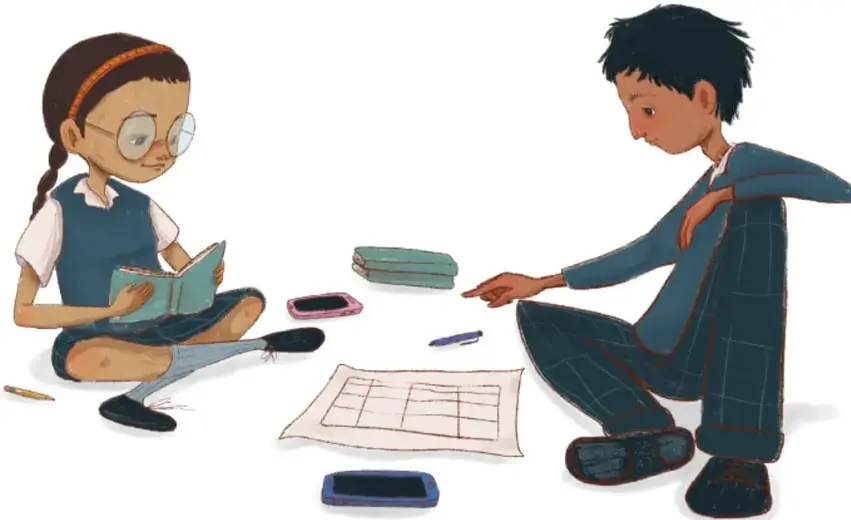 Ilustración de dos estudiantes sentados en el piso: una chica con lentes y cabello trenzado lee un libro, y un chico señala una hoja con una cuadrícula (tabla); entre ellos hay una estuche, celulares y un lápiz. Crédito: Francisco Fabián Murillo Ruiz, Guanajuato.