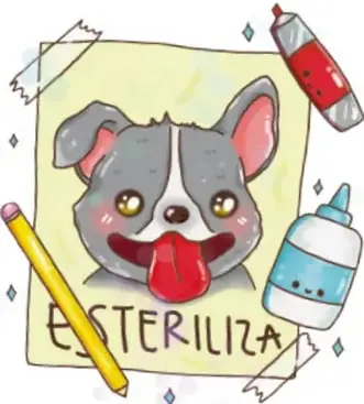 Ilustración de un perro feliz sobre un cartel que dice ESTERILIZA, con lápiz, marcador y biberón; autoría: Cristy Ailed Reyes Espinosa, Zacatecas.