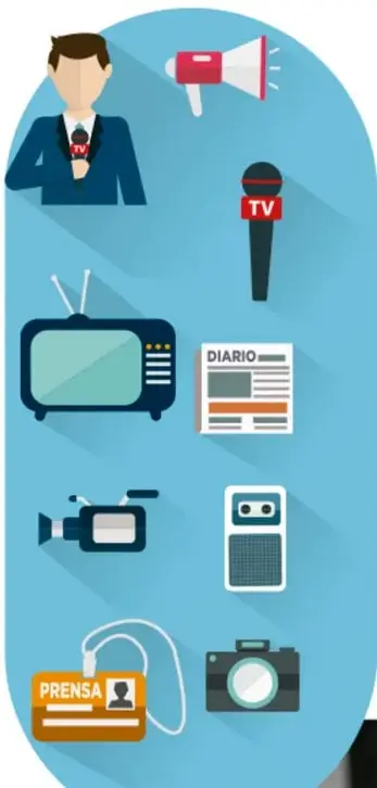 Ilustración con íconos de medios de comunicación: reportero, megáfono, micrófono de TV, televisor, periódico, cámara de video, grabadora, micrófono de prensa y cámara fotográfica.
