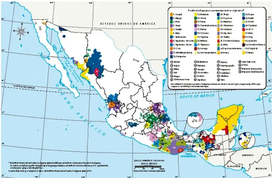 Mapa de México con las regiones donde se hablan lenguas indígenas, coloreadas por zona geográfica, con leyenda y escala 1:8 000 000.