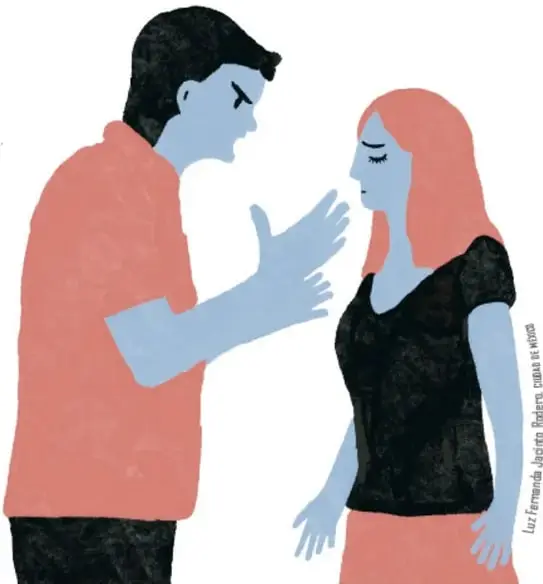 Ilustración de una pareja joven: un hombre de playera rosa y pantalón negro con la mano levantada, y una mujer de blusa negra y falda rosa con la mirada baja. Representa una situación de dominancia y sumisión.