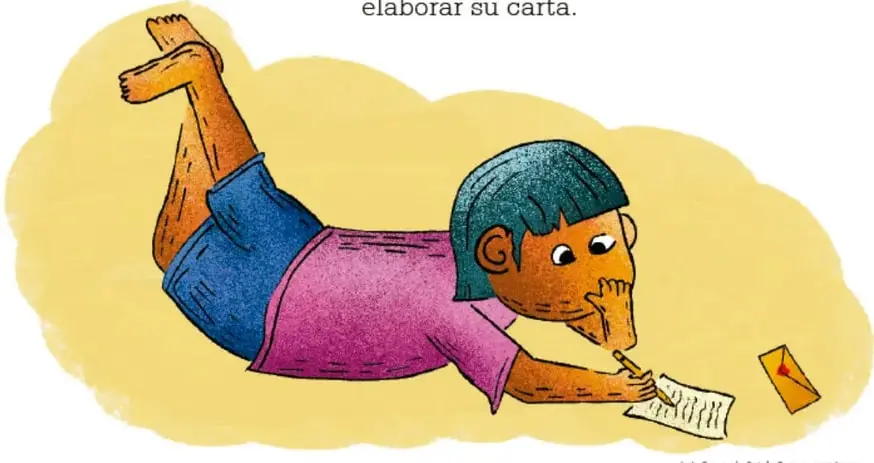 Ilustración de un niño recostado escribiendo una carta con un lápiz, junto a un sobre amarillo.