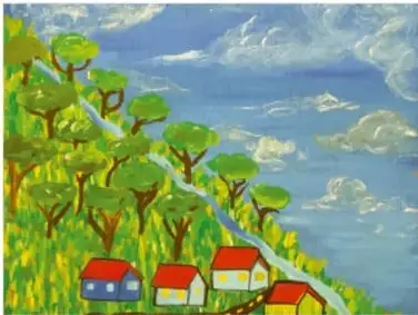 Pintura de Alex Flores Ávila, Puebla: ladera verde cubierta de árboles y pasto, con un arroyo claro que baja hacia casas techos rojos al pie del cerro, cielo con nubes.