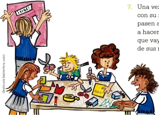 Ilustración de estudiantes trabajando en equipo: una niña pega un cartel en la pared, otros niños recortan, pegan y dibujan en una mesa con materiales escolares.