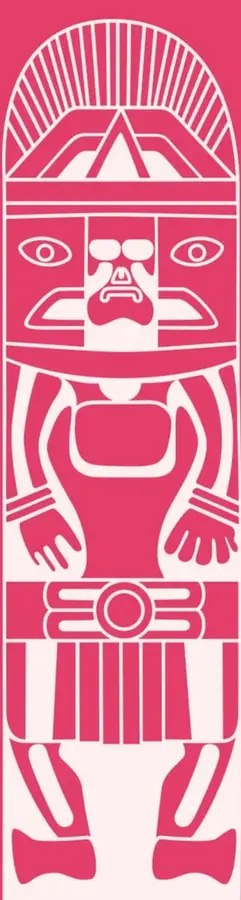 Ilustración estilizada de una deidad o figura prehispánica en color rosa, con tocado radiado, rostro con ojos y boca, cuerpo con brazos y piernas, y faldellín. Representa el arte indígena americano.