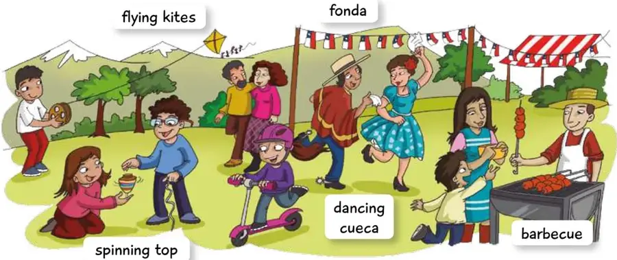 Ilustración de una fonda chilena con niños volando volantines, jugando al trompo, bailando cueca, comiendo asado y con banderines de fiestas patrias.