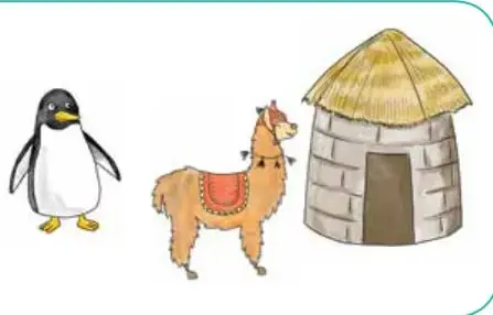 Ilustración de un pingüino, un llamo con manta roja y una casa de piedra con techo de paja.