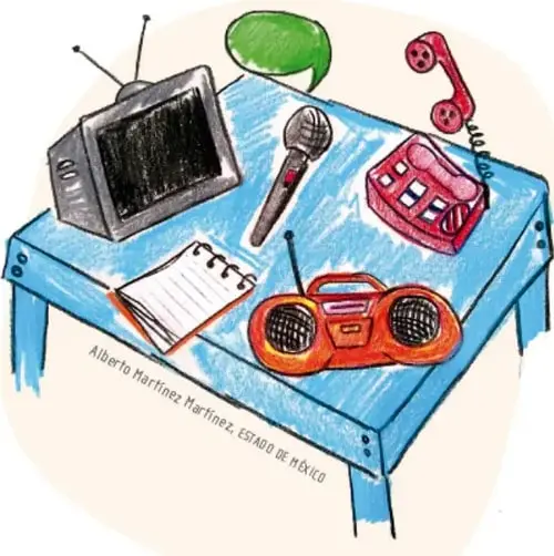 Ilustración de Alberto Martínez Martínez, Estado de México: una mesa azul con un televisor, micrófono, teléfono rojo, radio grabadora, cuaderno y un globo de diálogo verde, representando medios de comunicación para entrevistas.