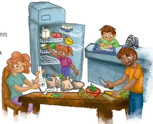 Ilustración de una familia en la cocina: una mujer sentada revisando un documento, una niña sacando comida del refrigerador, un niño lavando trastes y un hombre cortando verduras. Representa la repartición equitativa de tareas domésticas.