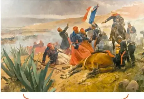 Pintura de la intervención francesa (1861-1867) con soldados y jinetes en un paisaje con magueyes.