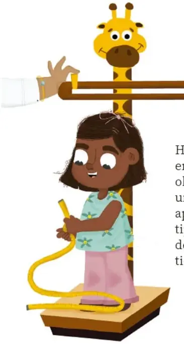 Ilustración de una niña en un aparato de medición de peso/altura con forma de jirafa, junto a una mano que ajusta el instrumento. Crédito: Cristian Rafael Sánchez Domínguez, Hidalgo.
