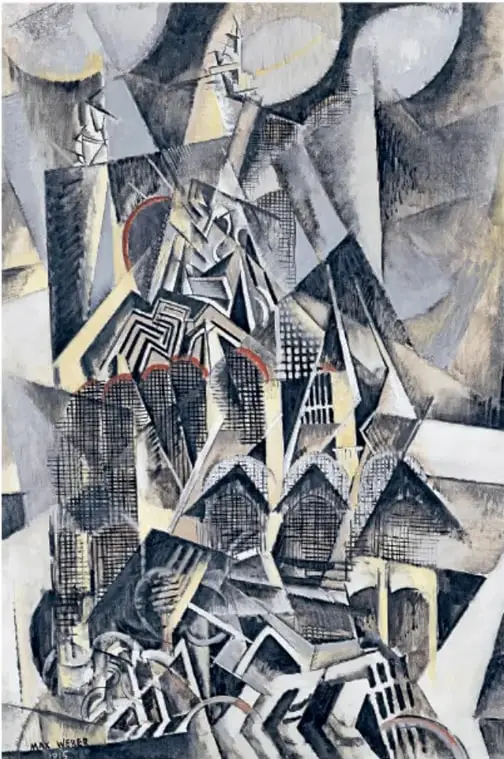 Obra *Estación terminal "Grand Central"*, 1915, de Max Weber: ciudad moderna descompuesta en planos geométricos en tonos grises, negros y ocres.