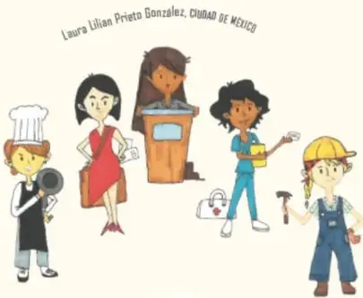 Ilustración de cinco mujeres con distintas profesiones: chef con gorro y cucharón, ejecutiva con traje rojo, persona en podium hablando, médica con bata y maletín, y obrera con casco amarillo, overol y herramienta. Crédito: Laura Lillian Prieto González, Ciudad de México.