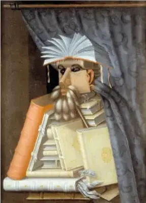 Pintura 'El Bibliotecario' de Giuseppe Arcimboldo: un personaje cuyo cuerpo está formado por libros apilados, con un libro abierto sobre la cabeza a modo de touca.