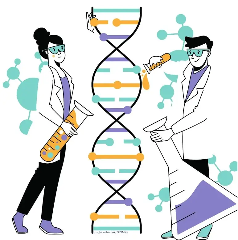 Ilustración de dos científicos (hombre y mujer) con batas de laboratorio sosteniendo tubos de ensayo, junto a una doble hélice de ADN estilizada con bases nitrogenadas en distintos colores y moléculas alrededor.