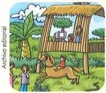 Paisaje rural ecuatoriano con una vivienda elevada, vegetación, animales y personas.