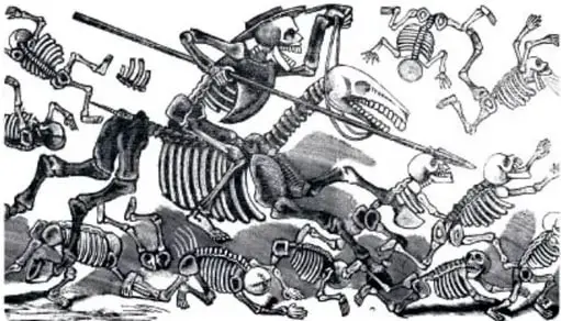 Grabado en blanco y negro de esqueletos montados a caballo y jugando, al estilo de las calaveras de Posada.