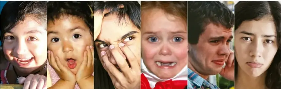 Seis fotografías de rostros que expresan distintas emociones: una niña sonriente (alegría), un niño con las manos en las mejillas y boca abierta (sorpresa), un joven cubriéndose el rostro (tristeza), un niño con expresión de temor (miedo), un joven con gesto de molestia (enojo) y una joven con expresión seria y tranquila (serenidad).