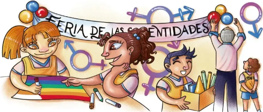 Estudiantes y un adulto mayor cuelgan la manta 'Feria de las identidades'; una niña pinta una manta arcoíris, un niño carga una caja con banderines, con globos y símbolos de género de fondo.