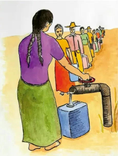 Ilustración de una mujer con trenzas llenando un garrafón azul en una toma de agua, con una fila de personas esperando en un paisaje árido; firma de Miguel Ángel Luna Vargas, Morelos.