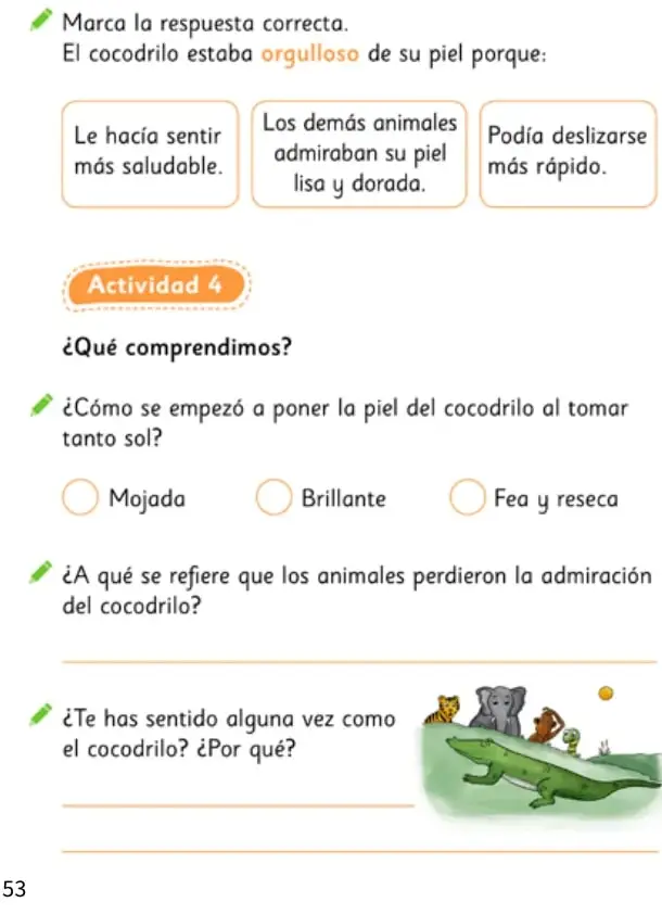 Ilustración de un cocodrilo verde junto a otros animales que lo observan.