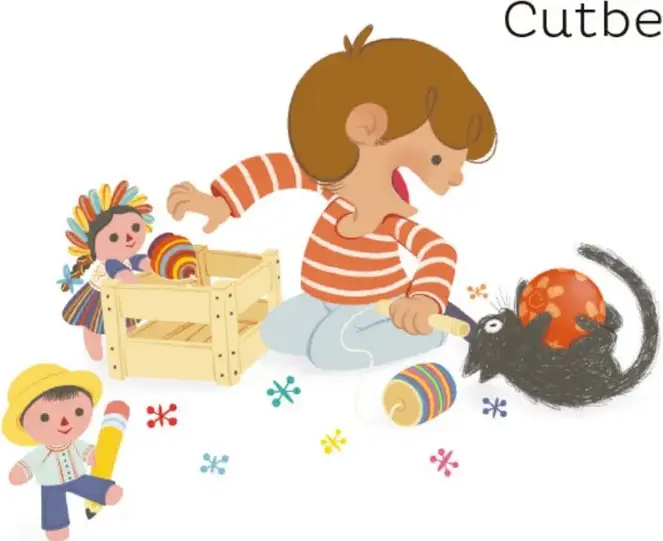 Ilustración del niño jugando en el suelo con juguetes de madera, un trompo, una muñeca y una pelota, mientras la gata negra lo acompaña.