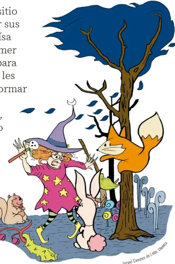 Eloísa con sombrero morado, vestido rosa con estrellas y varita en mano, rodeada de animales: un zorro naranja en el árbol, una ardilla, una lombriz amarilla, un huevo con patitas y un conejo blanco de espaldas, sobre un claro azul con caramelos y un árbol de copa azul.