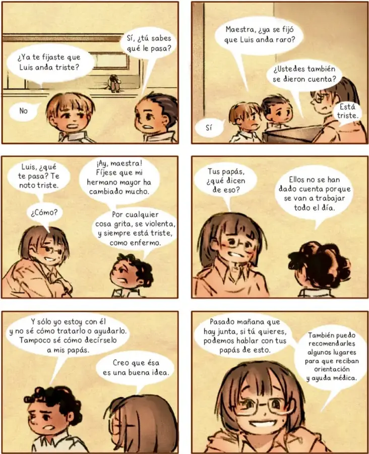 Historieta de seis viñetas con dibujos de estudiantes y una maestra en un salón de clases; los diálogos aparecen en globos de texto.