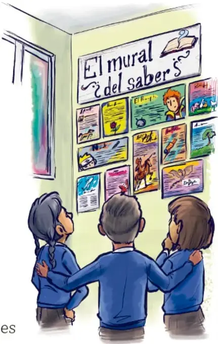 Tres niñas y niños de uniforme azul, de espaldas, observan un mural escolar con el rótulo "El mural del saber", cubierto de hojas con textos e ilustraciones coloridas.