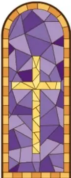 Vitrales de una iglesia con cruz amarilla sobre fondo morado y azul.