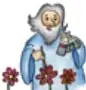 Ilustración de una anciana con vestido azul y flores en las manos, personaje de la leyenda.