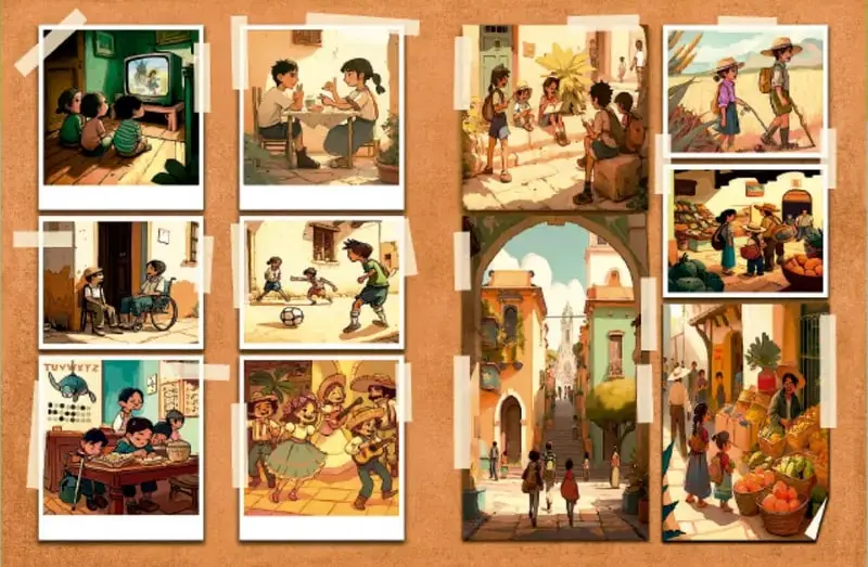 Collage de 10 imágenes enmarcadas tipo polaroid sobre fondo canela. Escenas: niños viendo televisión, familia comiendo, grupo de personas en un mercado, campesinos, niño en silla de ruedas, niños jugando fútbol, niños en un salón de clases, pareja bailando danza folclórica, calle colonial con arco y personas caminando, puesto de frutas en un mercado.