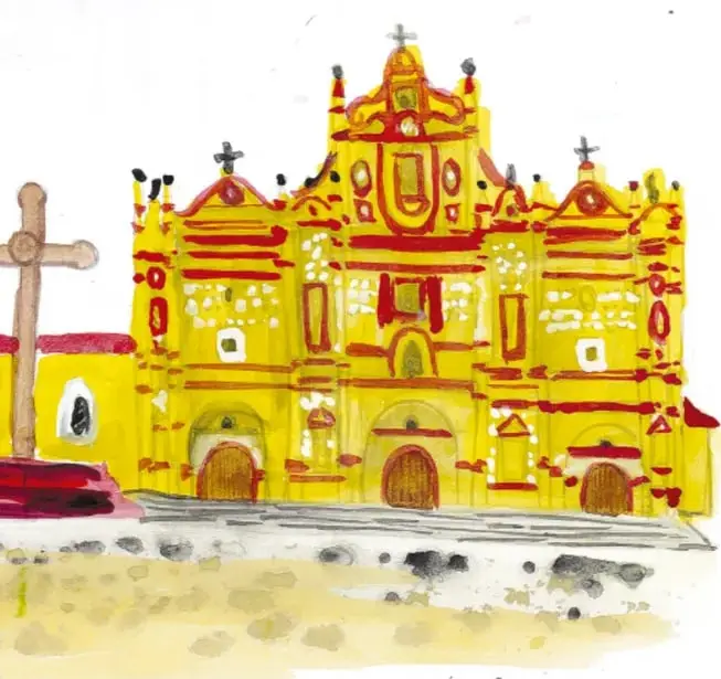 Acuarela de un grupo de personas indígenas y un fraile con túnica negra frente a un paisaje con un pueblo de casas de colores y montañas.