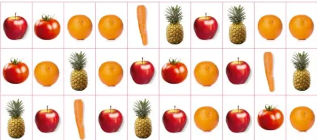 Matriz de 30 imágenes de frutas y verduras (manzana, tomate, naranja, zanahoria, piña) organizada en 3 filas de 10, que corresponde a los datos de la tabla de frecuencias.